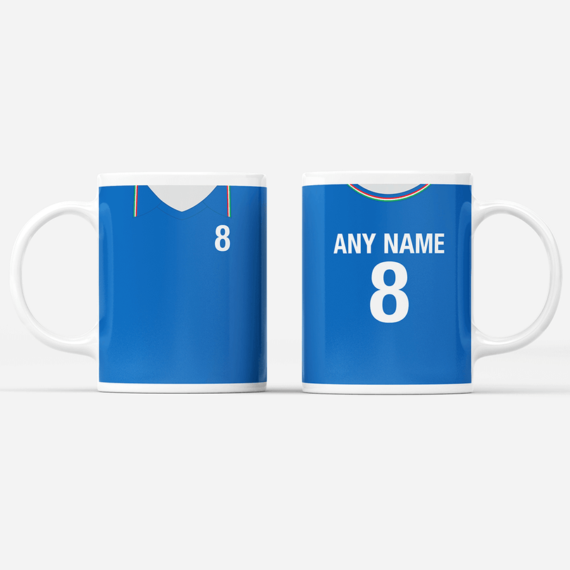 Italy Retro Style Home Kit Shirt Inspired Colours for Personalised Football Mug with optional Coaster. Perfect item for a Azzurri fan.