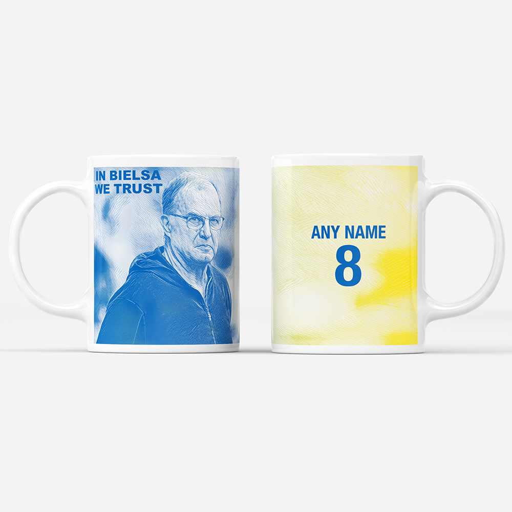 Leeds 2019/2020 Champions Inspired Colours for Personalised Football Mug with optional Coaster. Perfect item for The Peacocks fan.