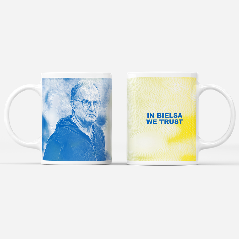 Leeds 2019/2020 Champions 'In Bielsa We Trust' Inspired Football Mug With Optional Coaster Set. Perfect item for The Peacocks fan.