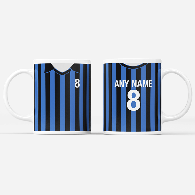 Inter Milan Retro Style Home Kit Shirt Inspired Colours for Personalised Football Mug with optional Coaster.