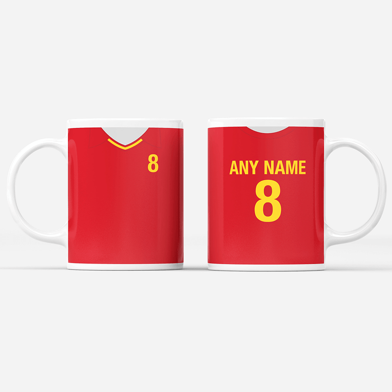 Spain Retro Style Home Kit Shirt Inspired Colours for Personalised Football Mug with optional Coaster. Perfect item for the La Roja fan.