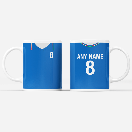 Italy Retro Style Home Kit Shirt Inspired Colours for Personalised Football Mug with optional Coaster. Perfect item for a Azzurri fan.