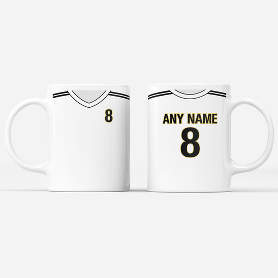 Real Madrid Retro Style Home Kit Shirt Inspired Colours for Personalised Football Mug with optional Coaster.