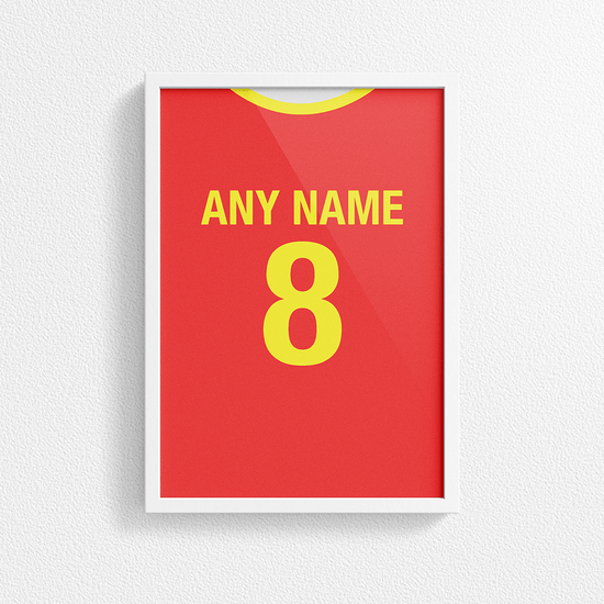 North Macedonia Retro Home Kit Shirt Inspired Colours for Personalised Football Poster Print. Perfect item for The Red Lynx fan.