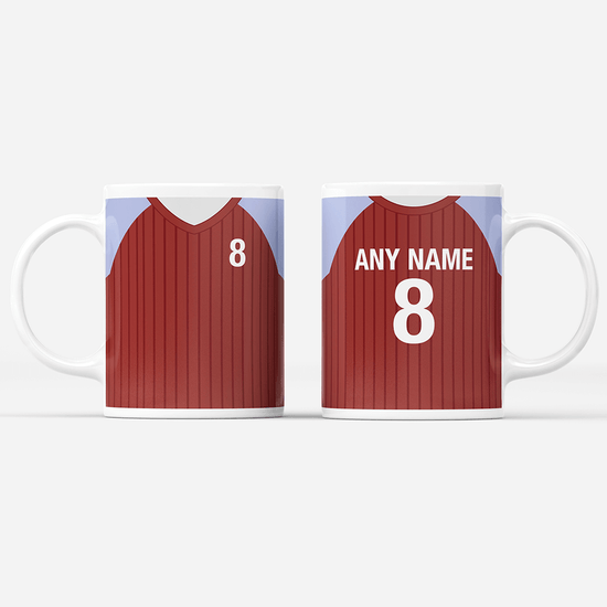 Aston Villa Retro Style Home Kit Shirt Inspired Colours for Personalised Football Mug with optional Coaster.