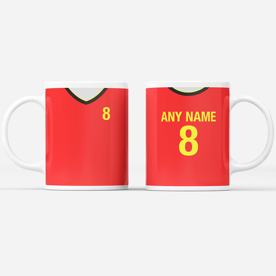 Belgium Retro Style Home Kit Shirt Inspired Colours for Personalised Football Mug with optional Coaster. Perfect item for the les Diables Rouges fan.