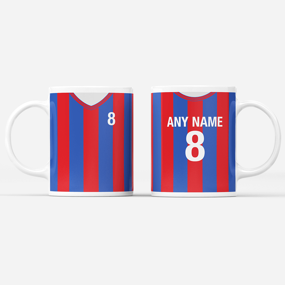 Crystal Palace Retro Style Home Kit Shirt Inspired Colours for Personalised Football Mug with optional Coaster.