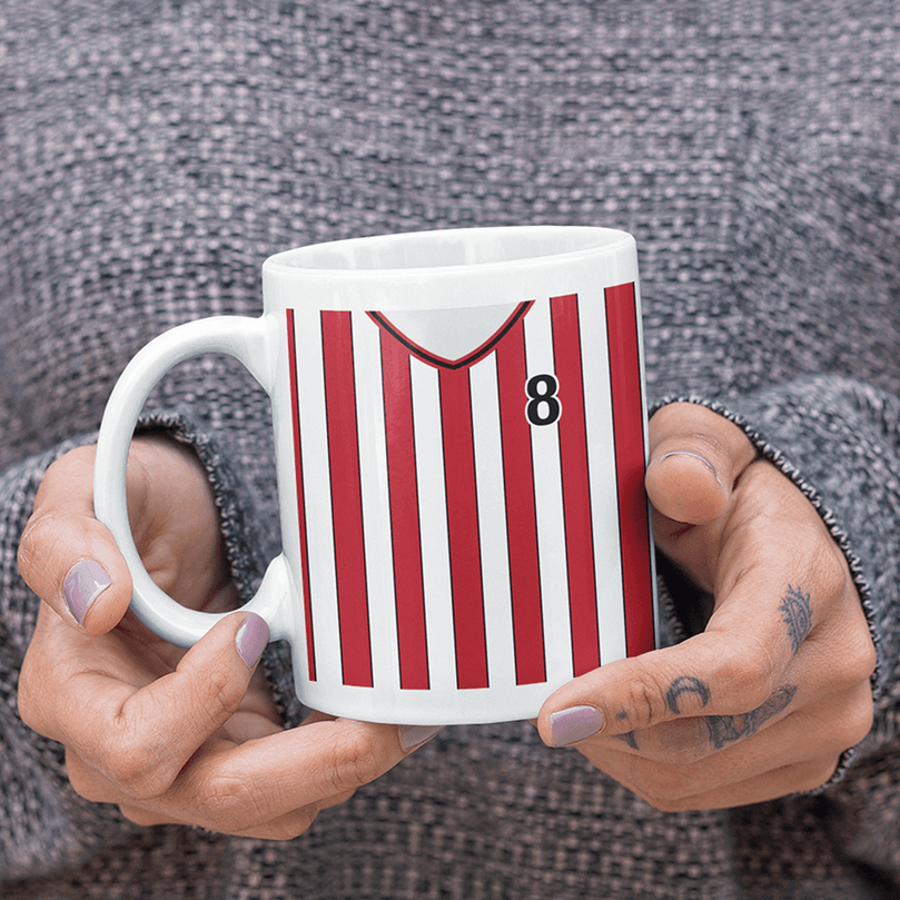 Southampton Retro Style Home Kit Shirt Inspired Colours for Personalised Football Mug with optional Coaster.