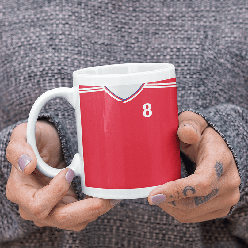 Arsenal Retro Style Home Kit Shirt Inspired Colours for Personalised Football Mug with optional Coaster.