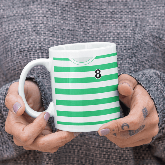 Celtic Retro Style Home Kit Shirt Inspired Colours for Personalised Football Mug with optional Coaster.