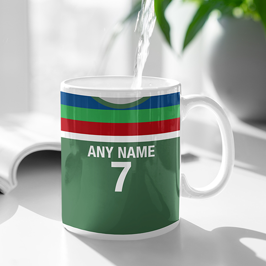 Ireland Retro Style Home Kit Shirt Inspired Colours for Personalised Football Mug with optional Coaster. Perfect item for the Men In Green fan.