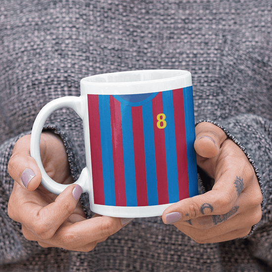 Barcelona Retro Style Home Kit Shirt Inspired Colours for Personalised Football Mug with optional Coaster.