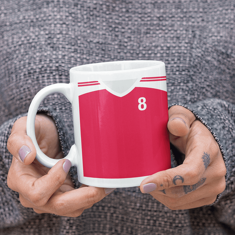 Denmark Retro Style Home Kit Shirt Inspired Colours for Personalised Football Mug with optional Coaster. Perfect item for the Danish Dynamite fan.