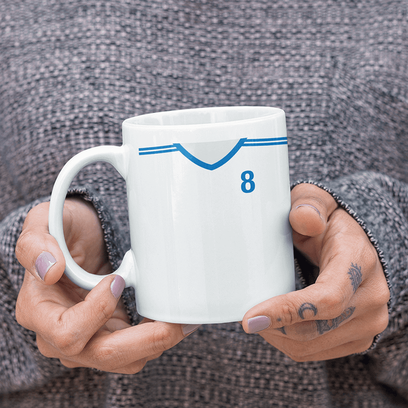 Finland Retro Style Home Kit Shirt Inspired Colours for Personalised Football Mug with optional Coaster. Perfect item for the Sinivalkoiset fan.