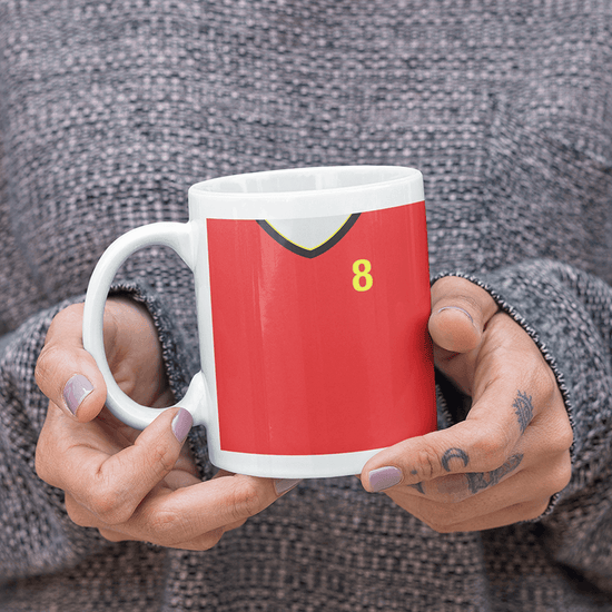 Belgium Retro Style Home Kit Shirt Inspired Colours for Personalised Football Mug with optional Coaster. Perfect item for the les Diables Rouges fan.