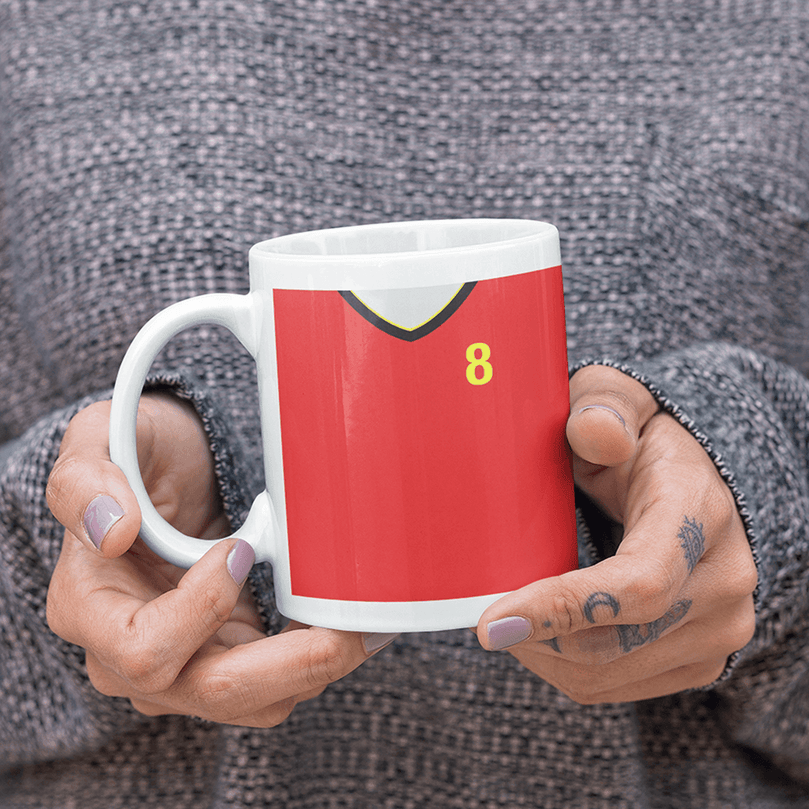 Belgium Retro Style Home Kit Shirt Inspired Colours for Personalised Football Mug with optional Coaster. Perfect item for the les Diables Rouges fan.