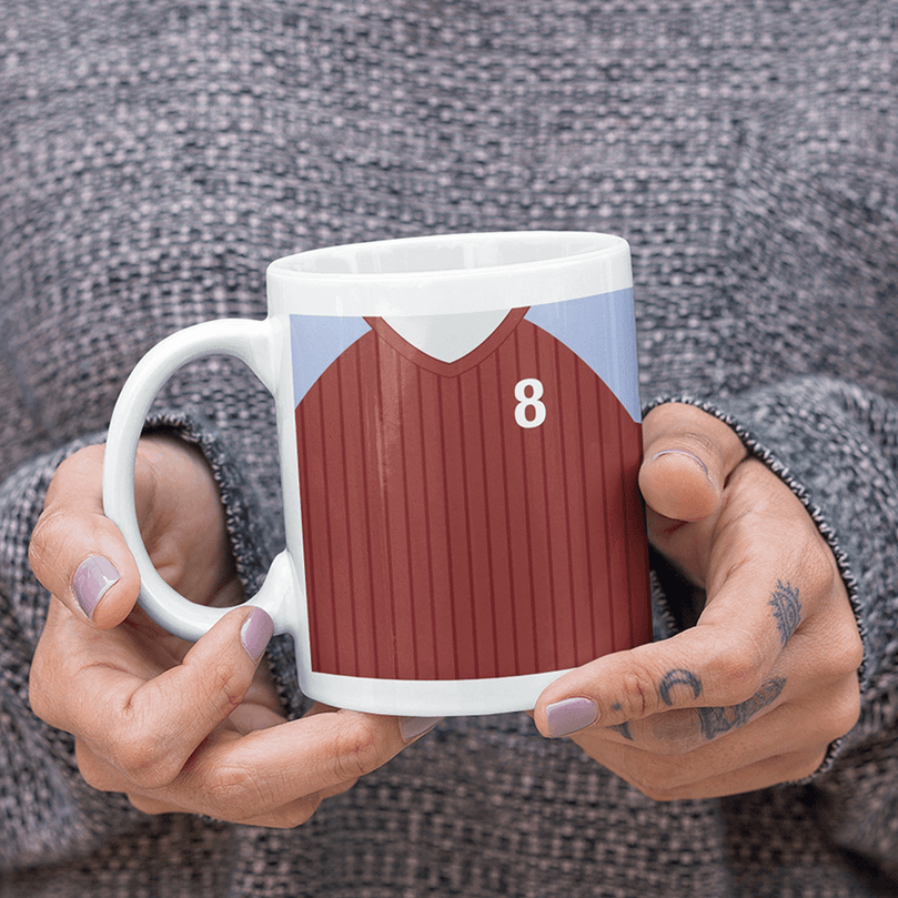 Aston Villa Retro Style Home Kit Shirt Inspired Colours for Personalised Football Mug with optional Coaster.