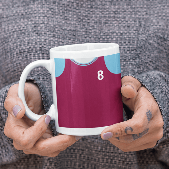 West Ham Retro Style Home Kit Shirt Inspired Colours for Personalised Football Mug with optional Coaster.