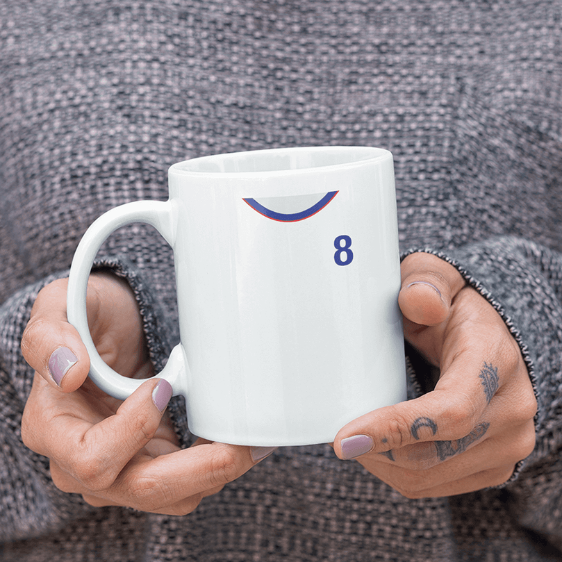 USA Retro Style Home Kit Shirt Inspired Colours for Personalised Football Mug with optional Coaster. Perfect item for The Stars and Stripes fan.