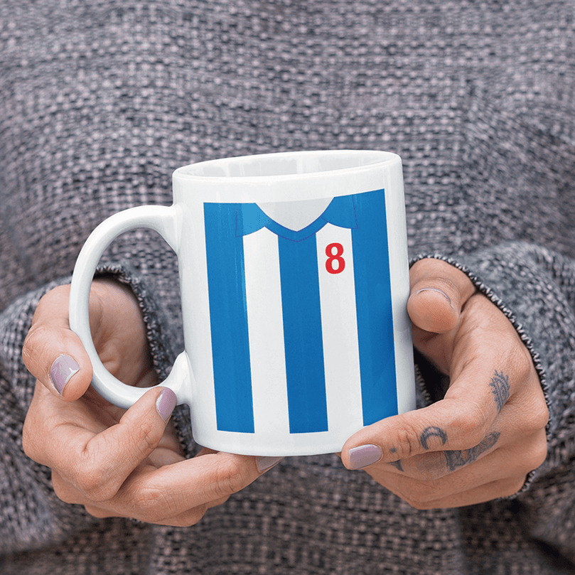 Brighton & Hove Albion Retro Style Home Kit Shirt Inspired Colours for Personalised Football Mug with optional Coaster.