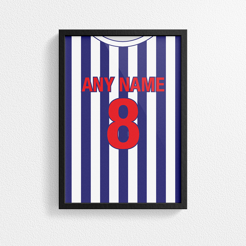 West Bromwich Albion Retro Home Kit Shirt Inspired Colours for Personalised Football Poster Print.