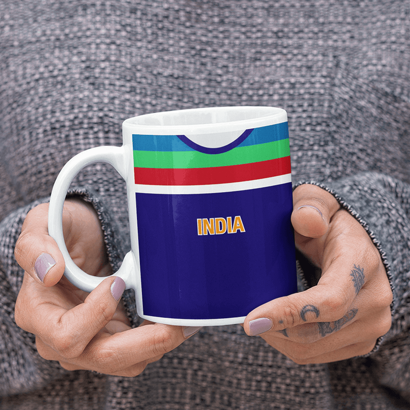 India Retro Style Home Kit Shirt Inspired Colours for Personalised Football Mug with optional Coaster. Perfect item for the Men In Blue fan.