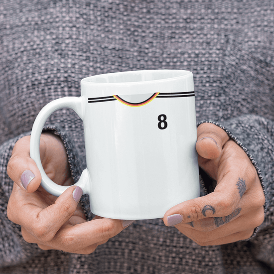 Germany Retro Style Home Kit Shirt Inspired Colours for Personalised Football Mug with optional Coaster. Perfect item for the Die Nationalelf fan.