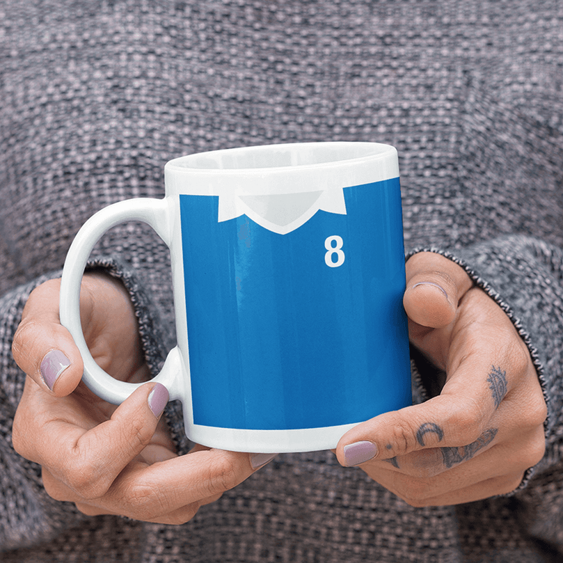 Everton Retro Style Home Kit Shirt Inspired Colours for Personalised Football Mug with optional Coaster.