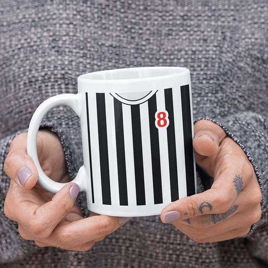 Newcastle Retro Style Home Kit Shirt Inspired Colours for Personalised Football Mug with optional Coaster.