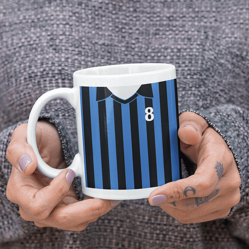 Inter Milan Retro Style Home Kit Shirt Inspired Colours for Personalised Football Mug with optional Coaster.