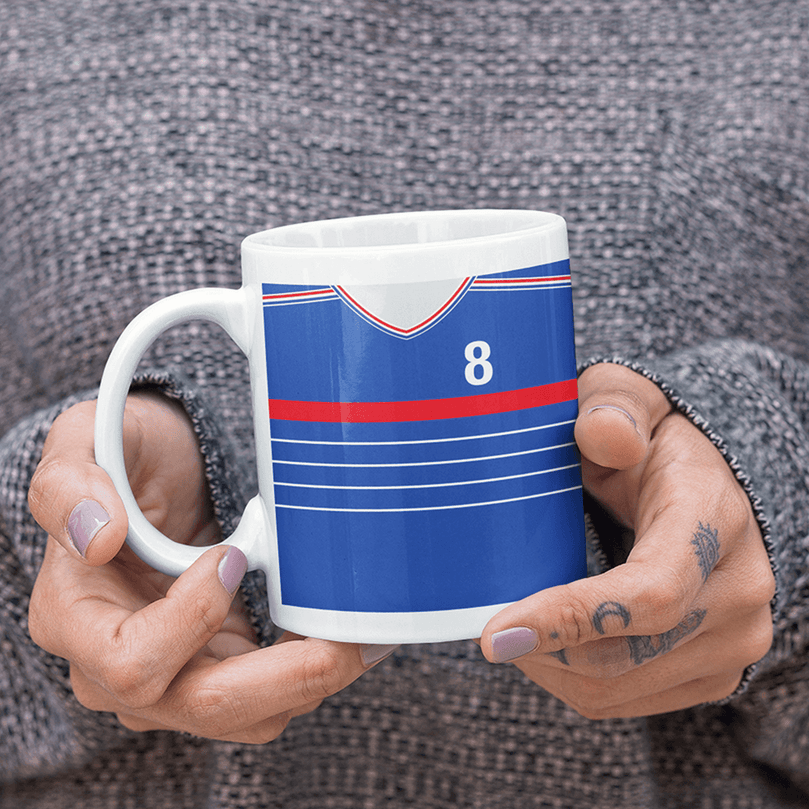 France Retro Style Home Kit Shirt Inspired Colours for Personalised Football Mug with optional Coaster.