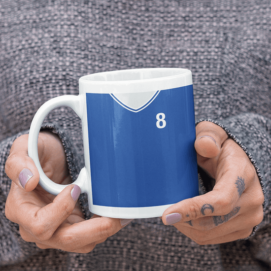 Chelsea Retro Style Home Kit Shirt Inspired Colours for Personalised Football Mug with optional Coaster.