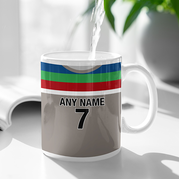 New Zealand  Retro Style Home Kit Shirt Inspired Colours for Personalised Football Mug with optional Coaster. Perfect item for the Black Caps fan.