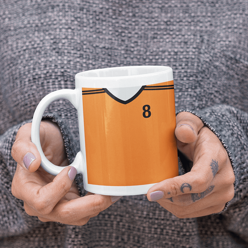 Netherlands / Holland Retro Style Home Kit Shirt Inspired Colours for Personalised Football Mug with optional Coaster.