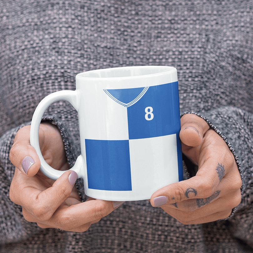 Bristol Rovers Retro Style Home Kit Shirt Inspired Colours for Personalised Football Mug with optional Coaster.