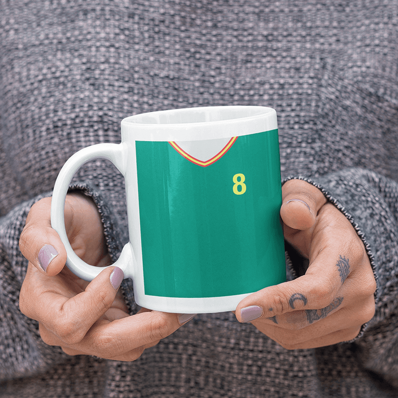 Senegal Retro Style Home Kit Shirt Inspired Colours for Personalised Football Mug with optional Coaster.