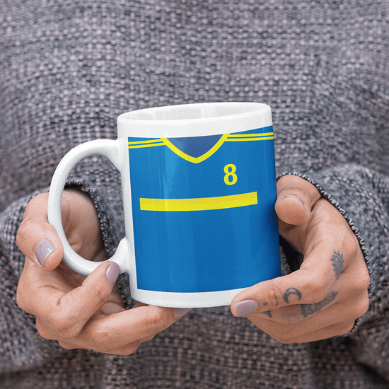 Bosnia & Herzegovina Retro Style Home Kit Shirt Inspired Colours for Personalised Football Mug with optional Coaster.