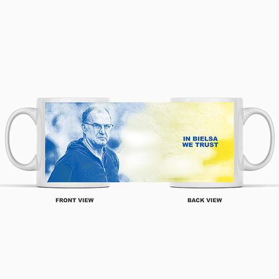 Leeds 2019/2020 Champions 'In Bielsa We Trust' Inspired Football Mug With Optional Coaster Set. Perfect item for The Peacocks fan.