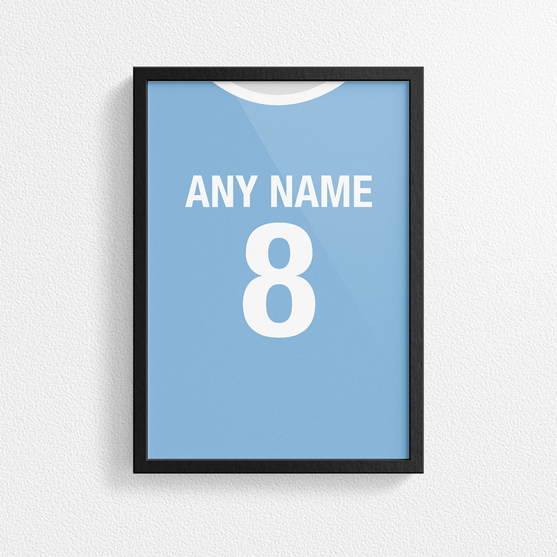 Manchester City Retro Home Kit Shirt Inspired Colours for Personalised Football Poster Print.