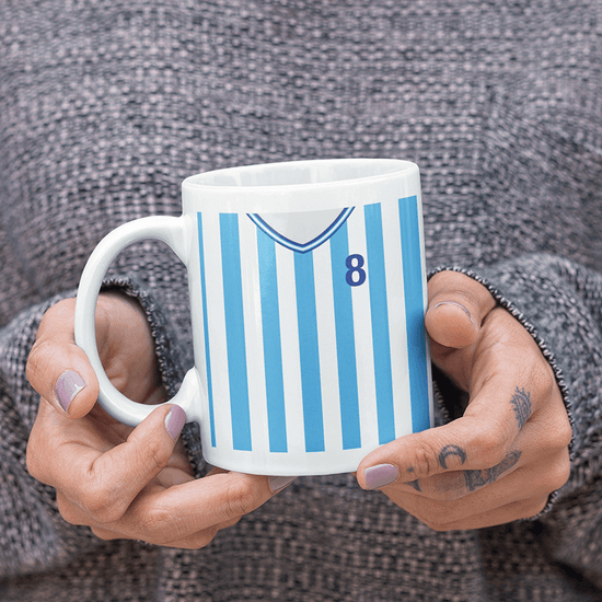 Coventry Retro Style Home Kit Shirt Inspired Colours for Personalised Football Mug with optional Coaster.