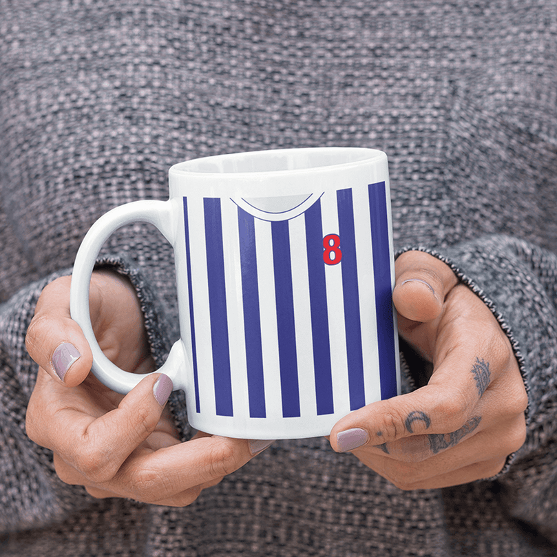 West Bromwich Albion Retro Style Home Kit Shirt Inspired Colours for Personalised Football Mug with optional Coaster.