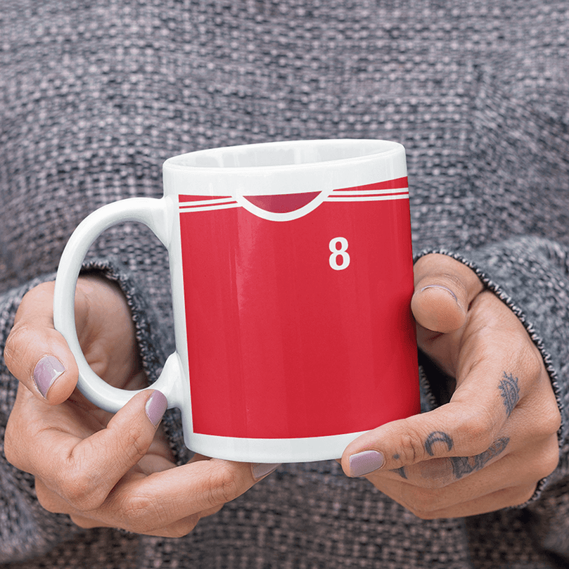 Manchester United Retro Home Kit Shirt Inspired Colours for Personalised Football Mug with optional Coaster.