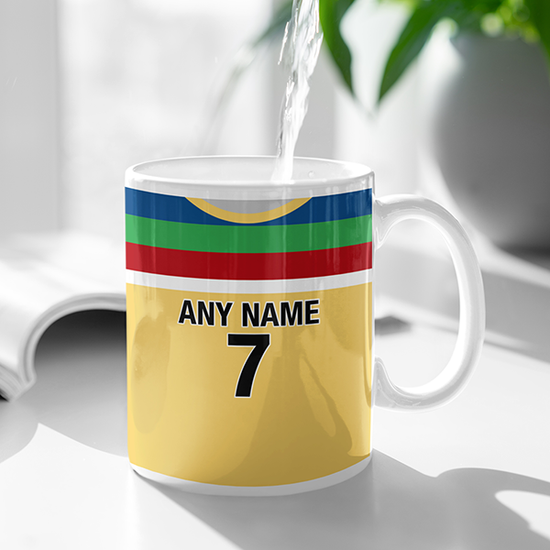 Australia Retro Style Home Kit Shirt Inspired Colours for Personalised Football Mug with optional Coaster. Perfect item for the Aussie fan.