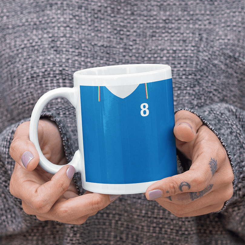 Italy Retro Style Home Kit Shirt Inspired Colours for Personalised Football Mug with optional Coaster. Perfect item for a Azzurri fan.