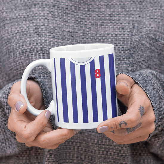 West Bromwich Albion Retro Style Home Kit Shirt Inspired Colours for Personalised Football Mug with optional Coaster.