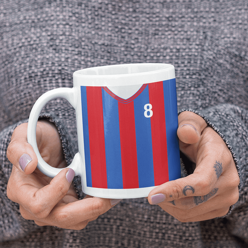 Crystal Palace Retro Style Home Kit Shirt Inspired Colours for Personalised Football Mug with optional Coaster.