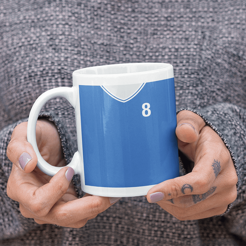 Cardiff City Retro Style Home Kit Shirt Inspired Colours for Personalised Football Mug with optional Coaster.