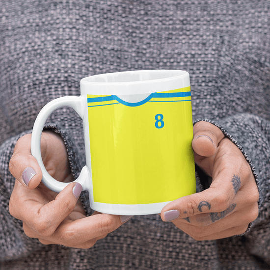 Villarreal Retro Style Home Kit Shirt Inspired Colours for Personalised Football Mug with optional Coaster. Perfect item for the Yellow Submarine.