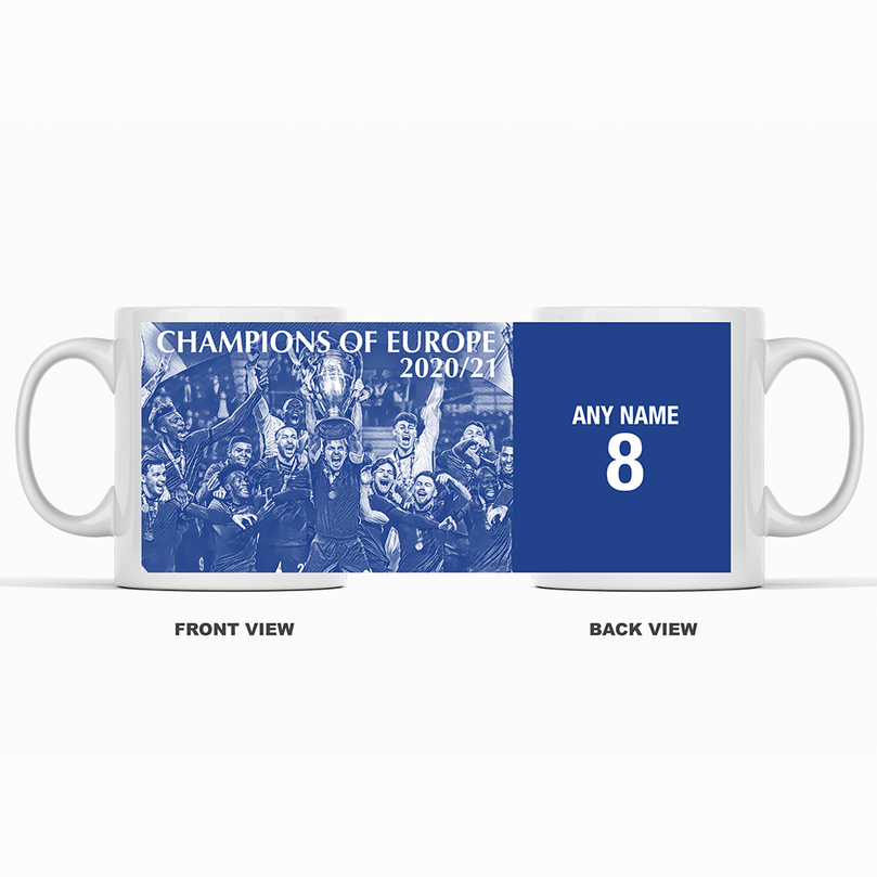 Chelsea 2020/2021 Champions of Europe Inspired Colours for Personalised Football Mug with optional Coaster. Perfect item for The Blues fan.