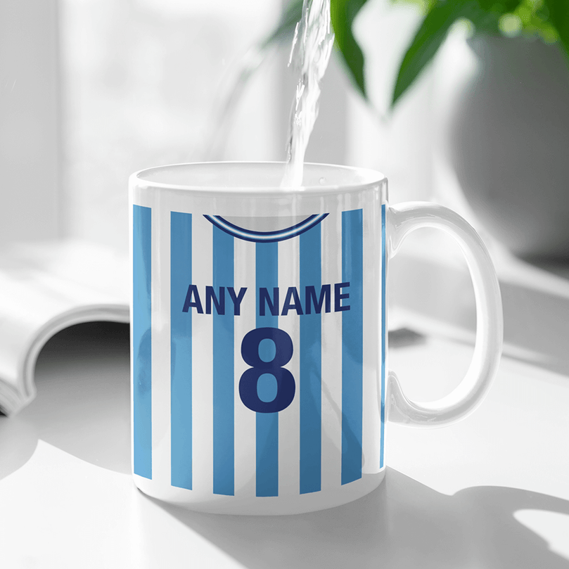 Coventry Retro Style Home Kit Shirt Inspired Colours for Personalised Football Mug with optional Coaster.